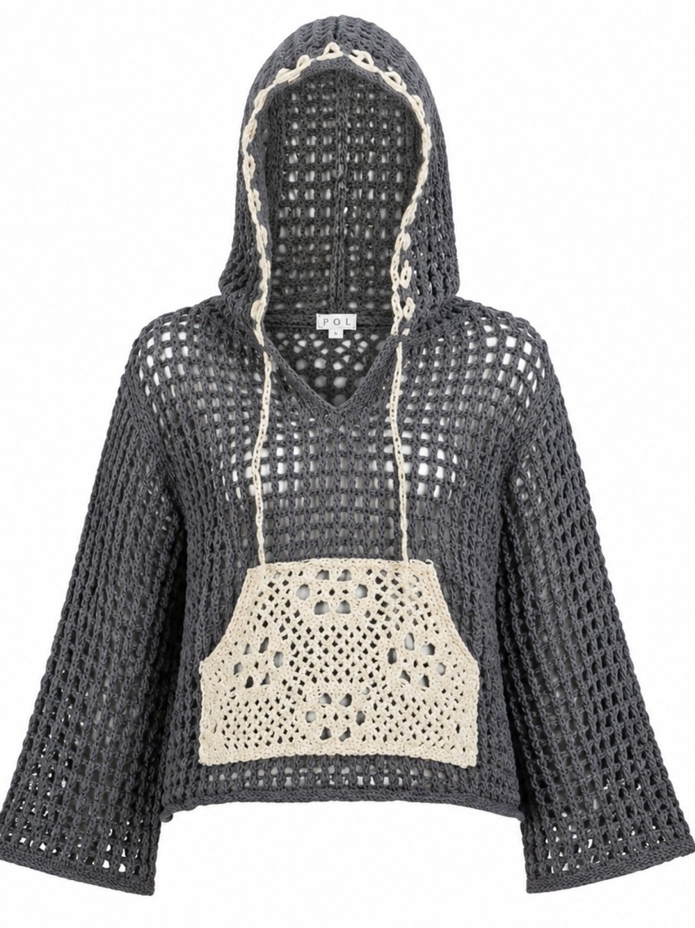 POL | Crochet Open Knit Hooded Sweater Gray Cream Boho Beach Cover Up | S